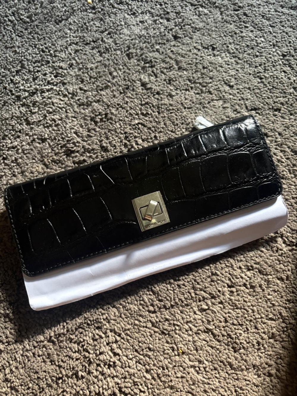 Michael Kors Black Croc-Embossed Leather Clutch with Silver Turn-Lock